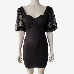 Haute Mode Black Vegan Leather Sheer Sleeve Fitted Mini Bustier Dress S